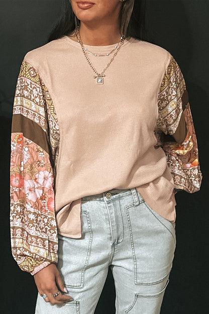 Contrast Floral Patchwork Puff Sleeve Waffle Knit Top | Parchment