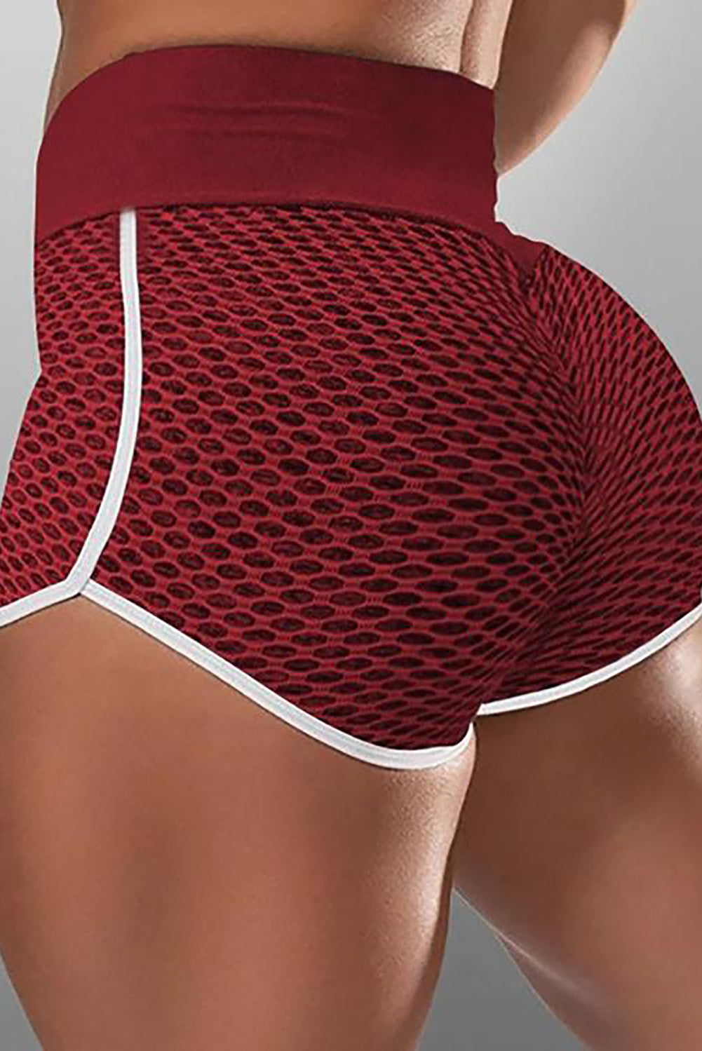 Burgundy High Waist Honeycomb Contrast Stripes Butt Lifting Yoga Shorts