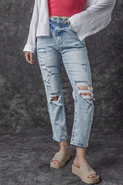 Light Wash Frayed Slim Fit High Waist Jeans | Sky Blue