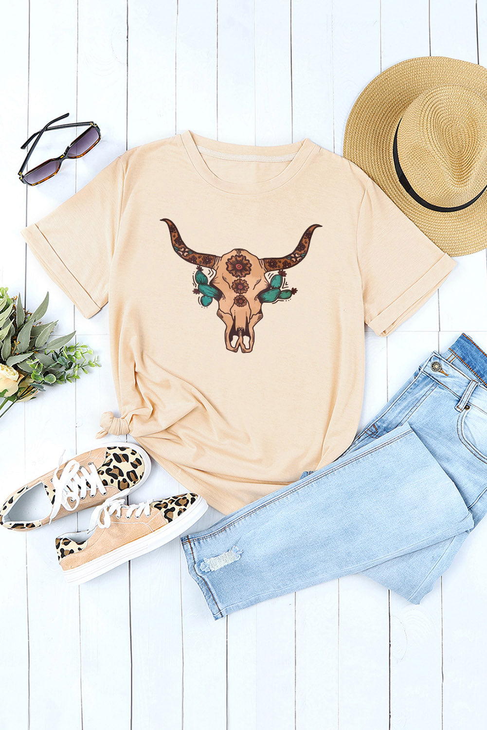 Western Steer Head Graphic T Shirt | Khaki