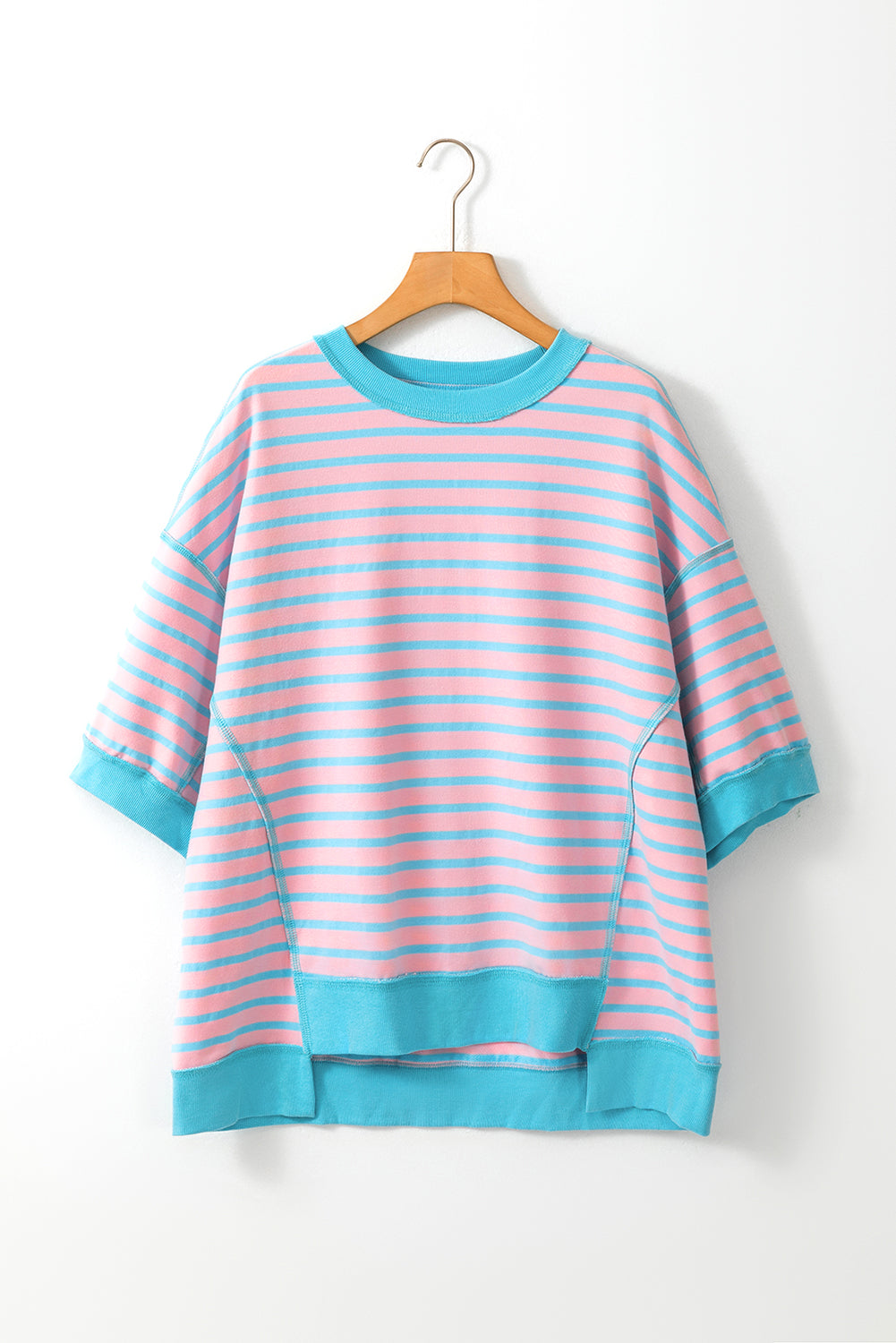 Oversized Contrast Trim Exposed Seam High Low T Shirt | Pink Stripe