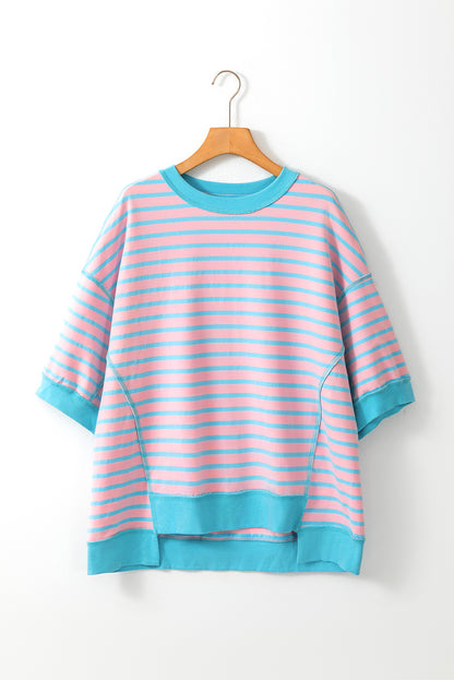 Oversized Contrast Trim Exposed Seam High Low T Shirt | Pink Stripe