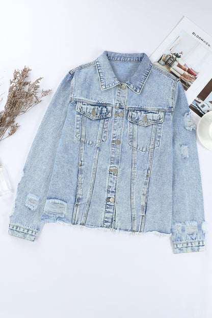 Lapel Distressed Raw Hem Buttons Denim Jacket | Sky Blue