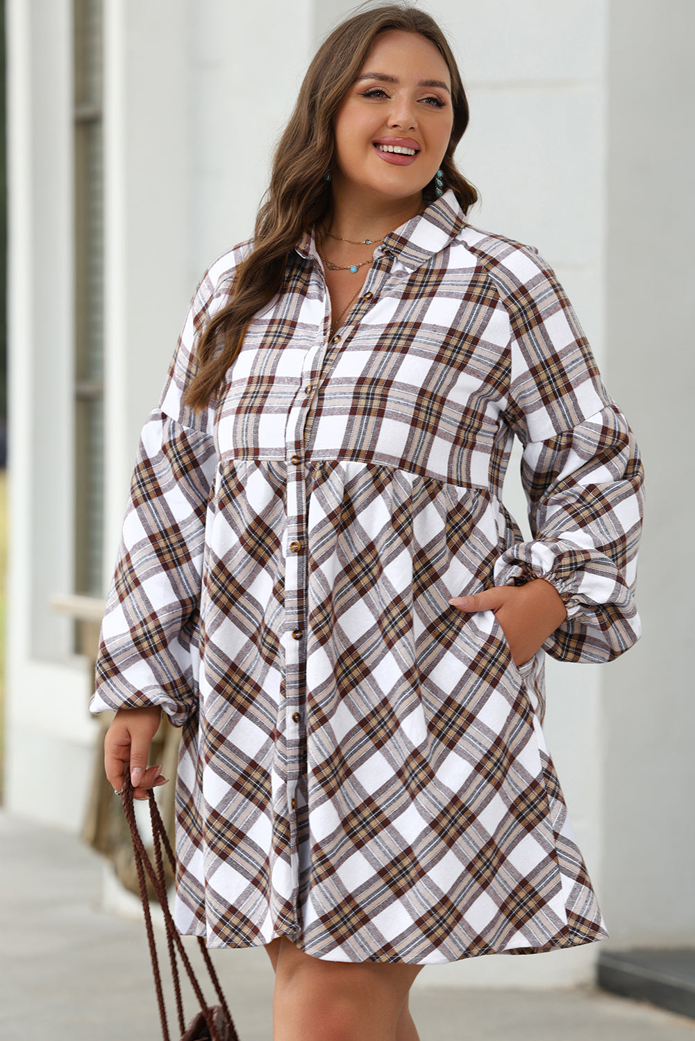 Plaid Bubble Sleeve Flowy Shirt Dress | White