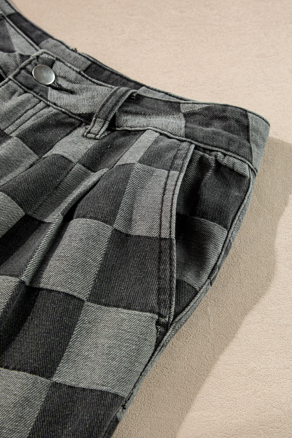 Checkered Denim Wide Leg Jeans | Dark Grey