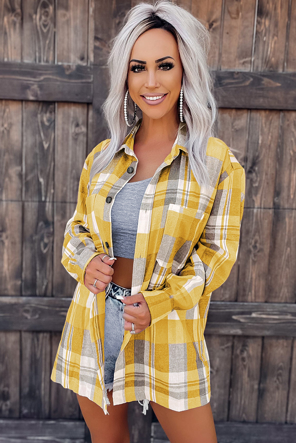 Plaid Button Up Patch Pocket Shirt | Yellow