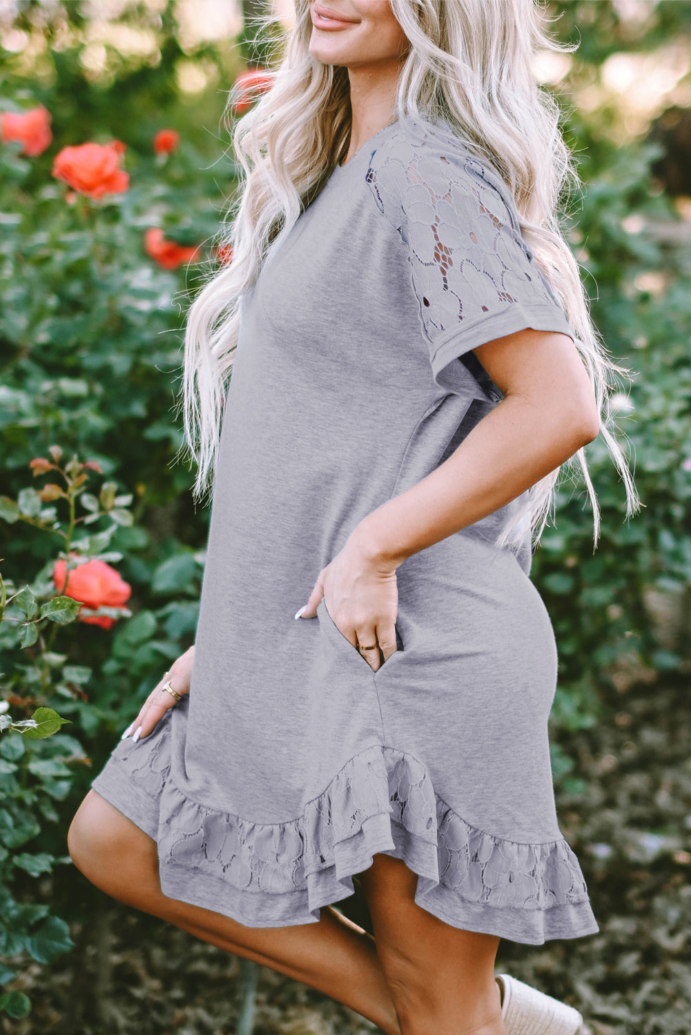 Lace Floral Patchwork Ruffled T-Shirt Dress | Light Grey