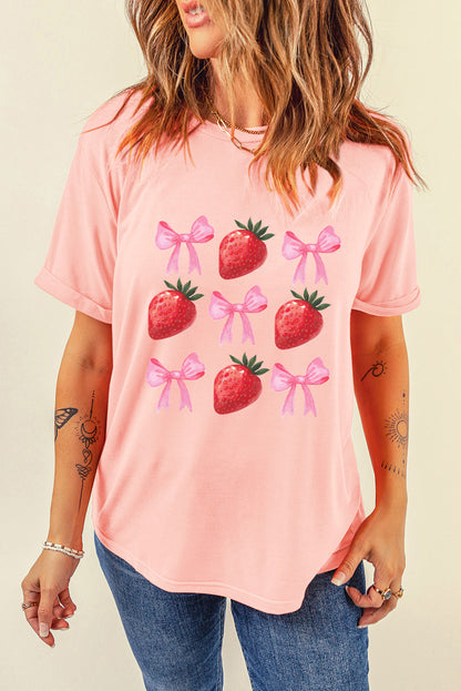 Strawberry & Bowknot Graphic T Shirt | Pink