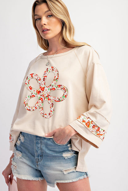 Flower Patch Graphic Exposed Seam Wide Sleeve Top | Beige