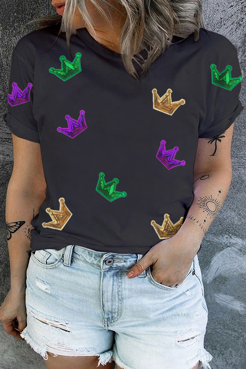 Black Sequin Crown Graphic Mardi Gras Plus Size T Shirt