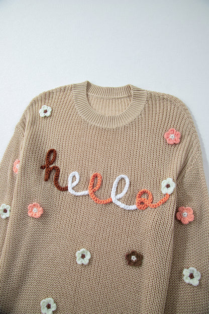 Hello Floral Embroidered Knit Loose Sweater | Parchment