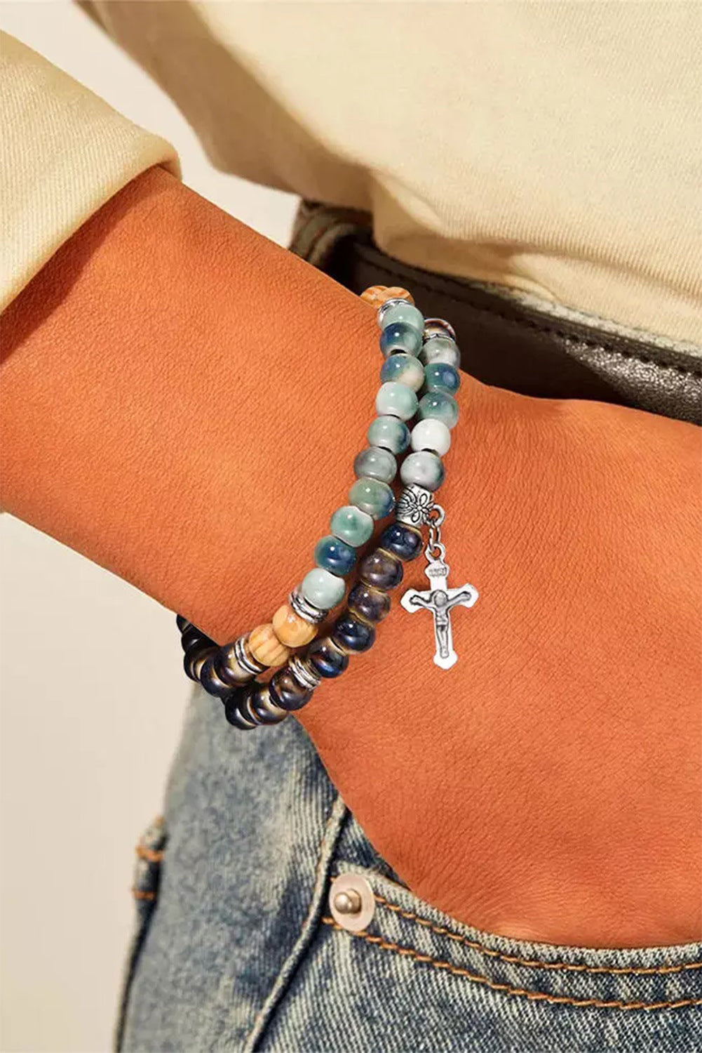 Double-Layered Cross Beading Bracelet | Multicolour