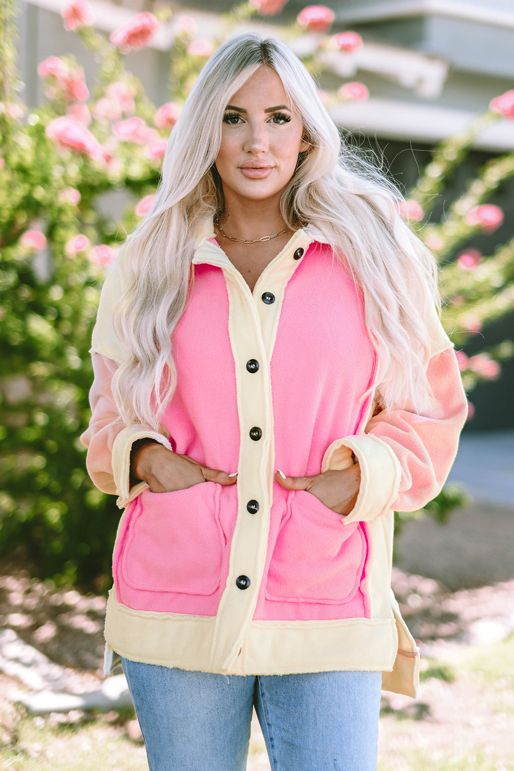 Colour Block Patchwork High Low Fleece Shacket | Rose