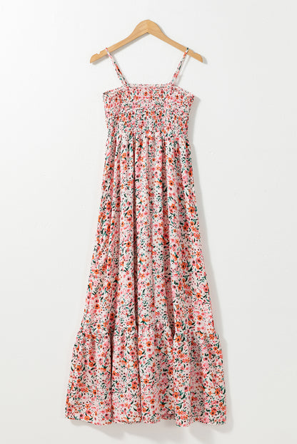 Boho Floral Smocked Ruffled Maxi Dress | White