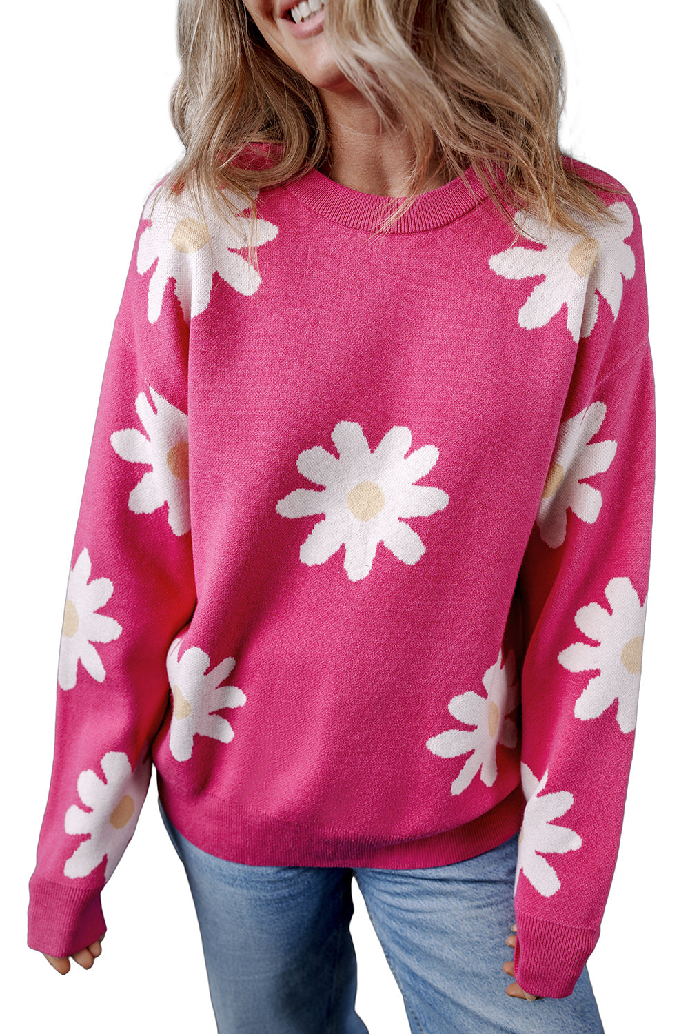 Daisy Flower Crew Neck Long Sleeve Sweater | Bright Pink