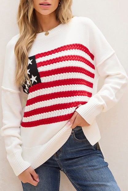 American Flag Cable Knit Drop Shoulder Sweater | White