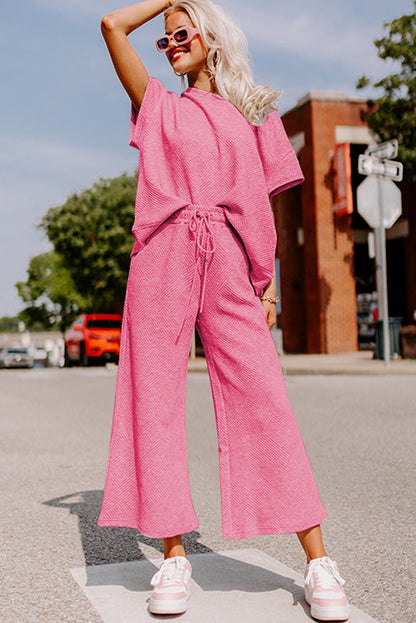 Textured Loose Fit T Shirt And Drawstring Pants Set | Strawberry Pink