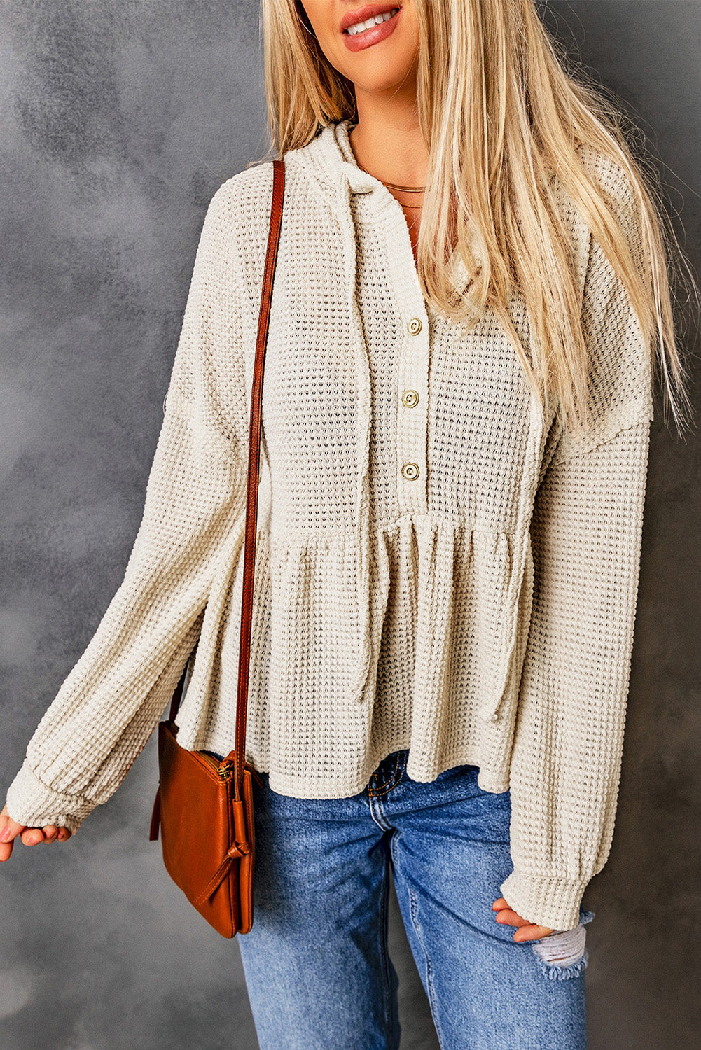 Waffle Knit Buttons Ruffled Hooded Top | Apricot