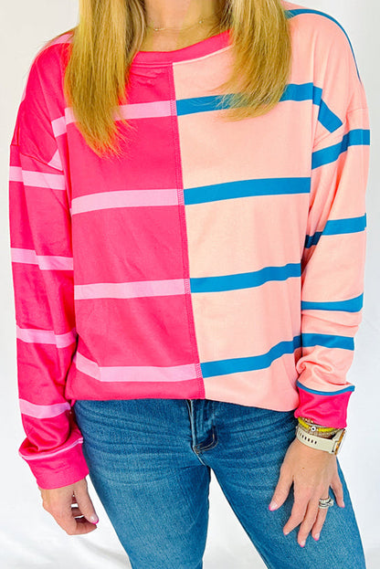 Colour Block Crewneck Long Sleeve Plus Size T Shirt | Rose Stripe