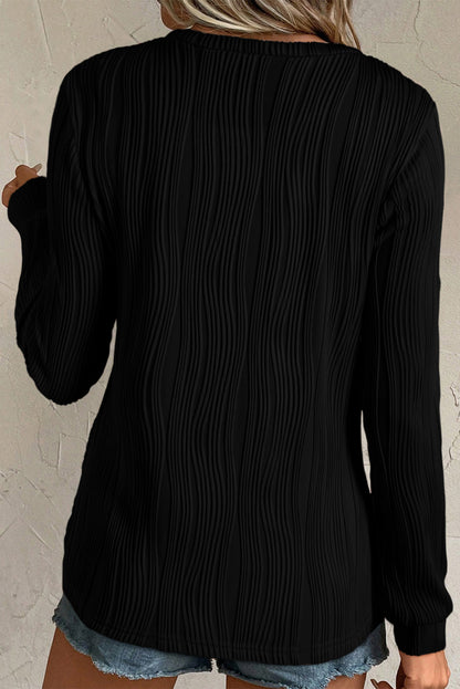 Textured Wavy Round Neck Long Sleeve Top | Black