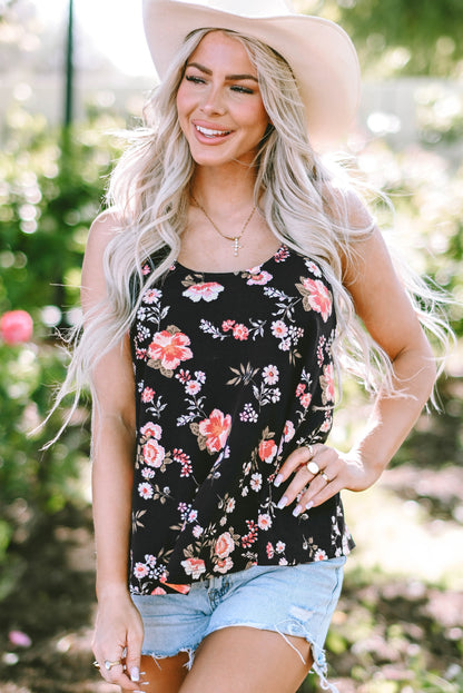 Floral Spaghetti Straps Strappy Back Tank Top | Black