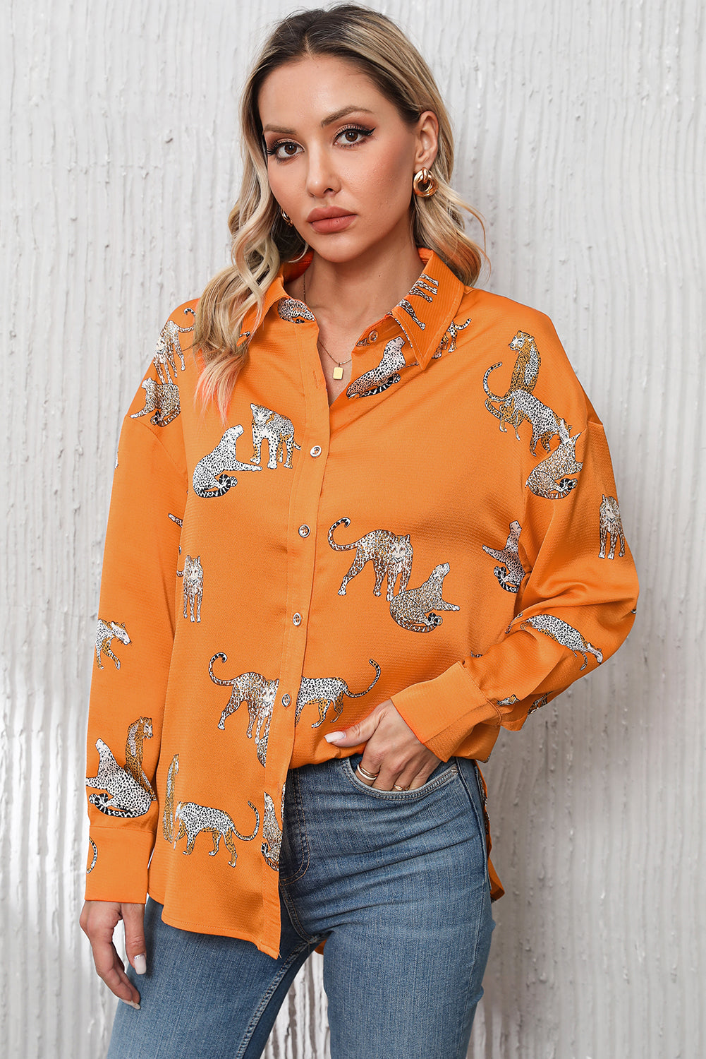 Cheetah Animal Print Button Up Satin Shirt | Russet Orange