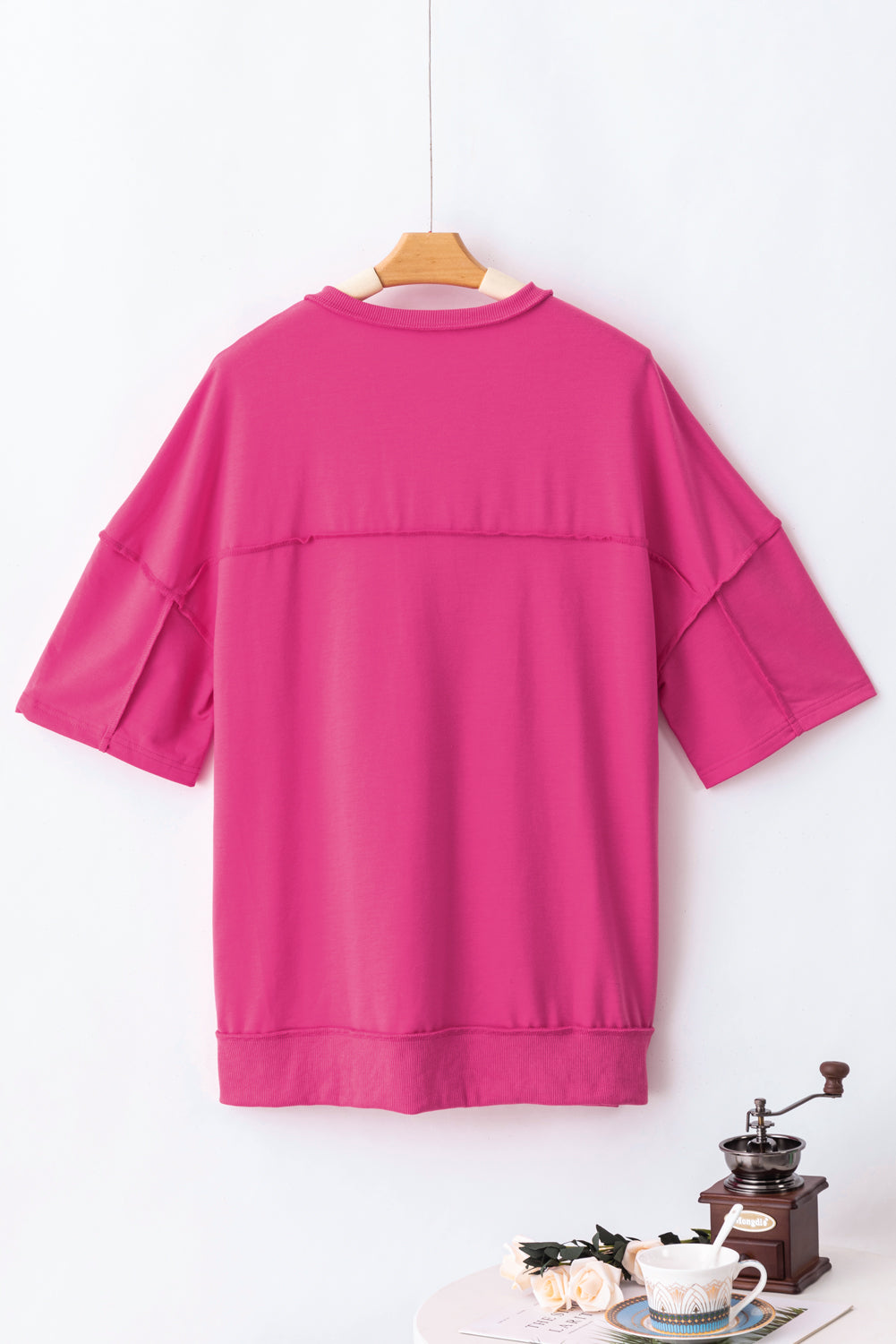 Exposed Seam Button Neck Wide Sleeve Tunic Top | Rose Red