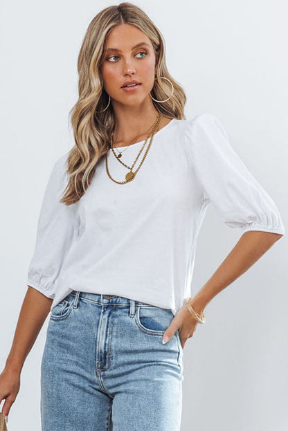 Puff Sleeve Top With Keyhole Back | White