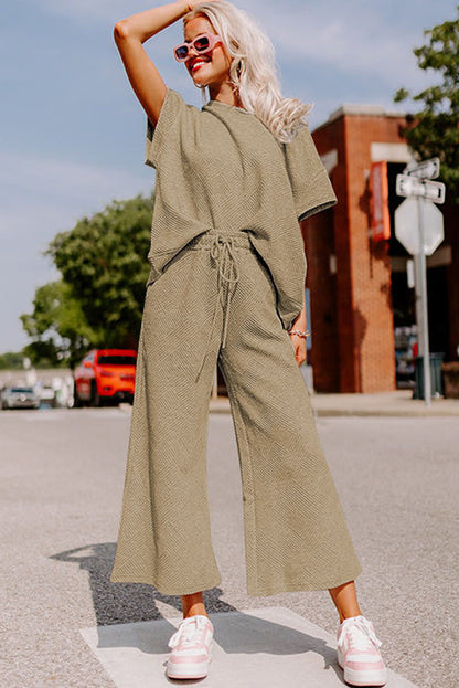 Pale Khaki Textured Loose Fit T Shirt And Drawstring Pants Set | Apricot khaki