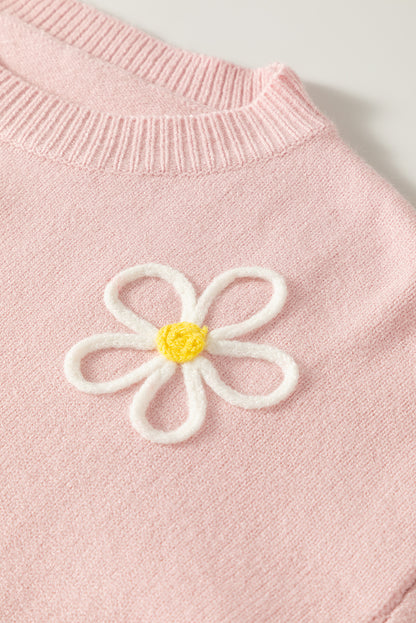 Chenille Daisy Stitching Crew Neck Sweater | Pink