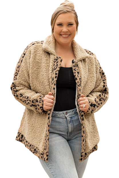 Plus Size Leopard Trim Button Up Sherpa Jacket | Khaki