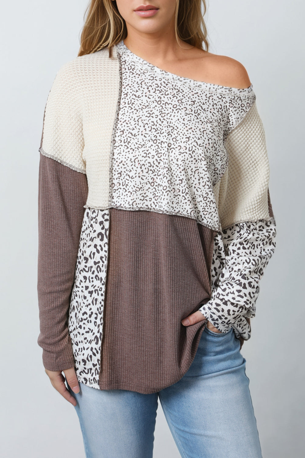 Colourblock Textured Knit Patchwork Top | Leopard