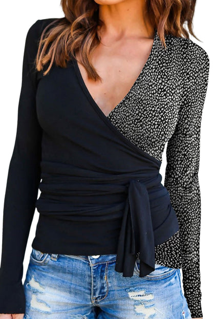 Contrast Printed Tie Side Wrapped Long Sleeve Top | Black