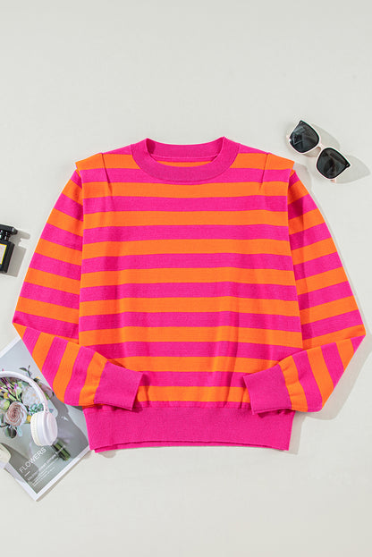 Shoulder Pad Round Neck Sweater | Rose Stripe