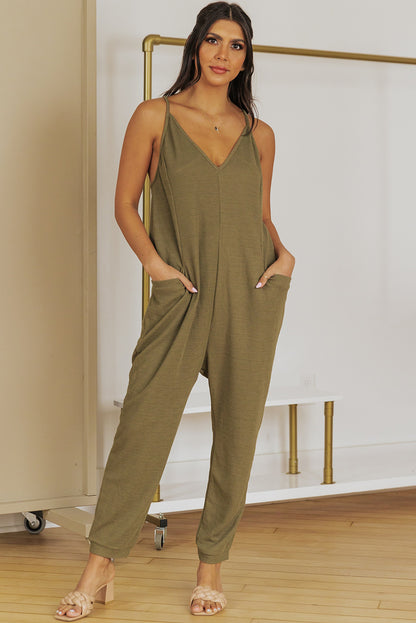 Textured Sleeveless V-Neck Pocketed Casual Jumpsuit | Green