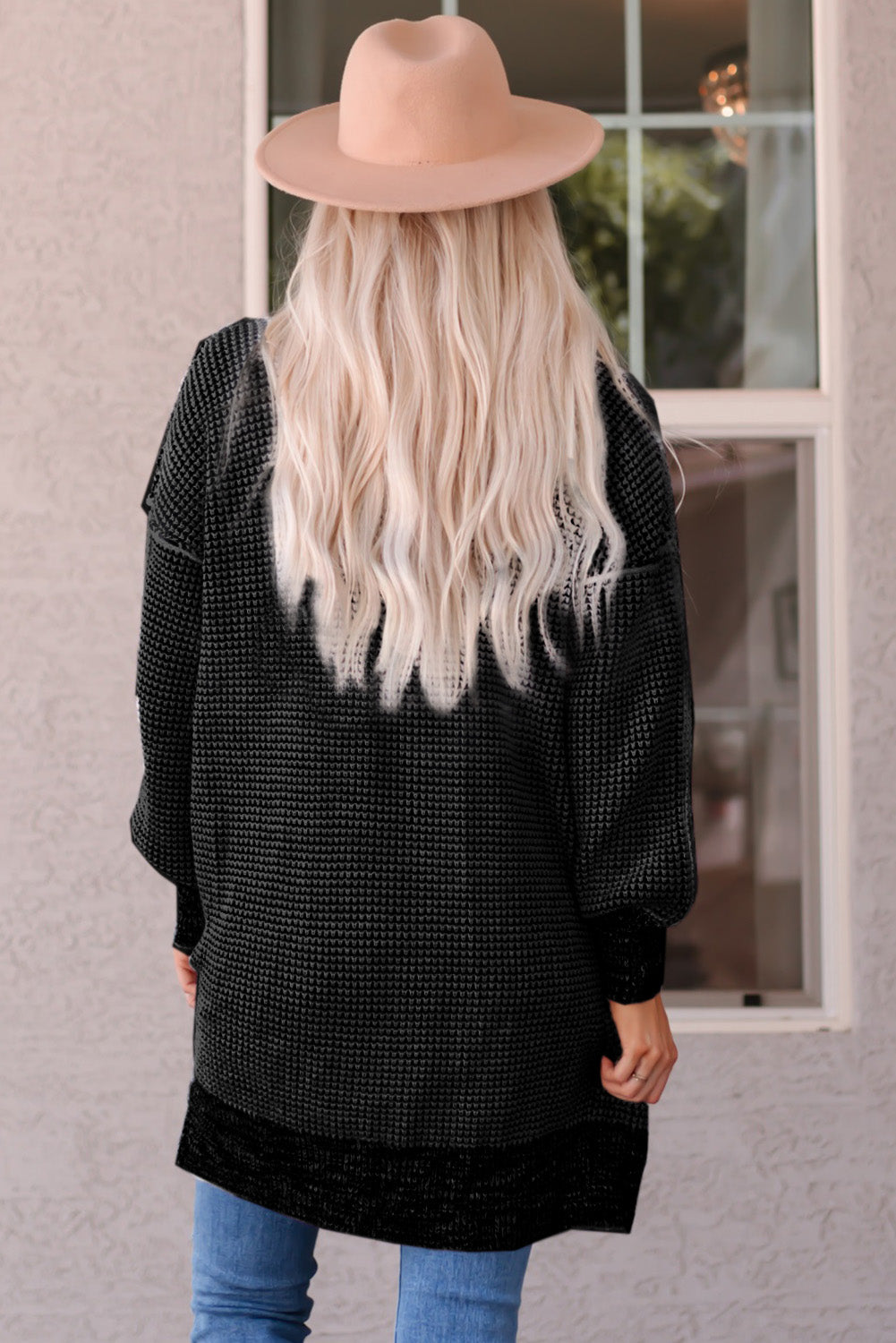 Plaid Knitted Long Open Front Cardigan | Black