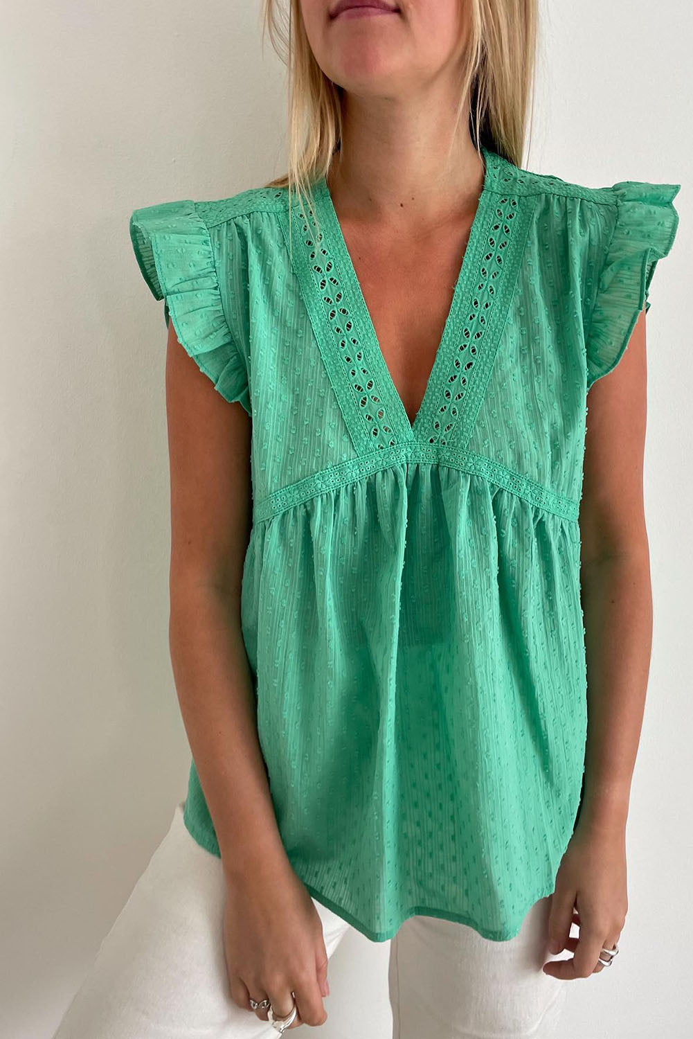 Eyelet V Neckline Ruffle Swiss Dot Top | Green