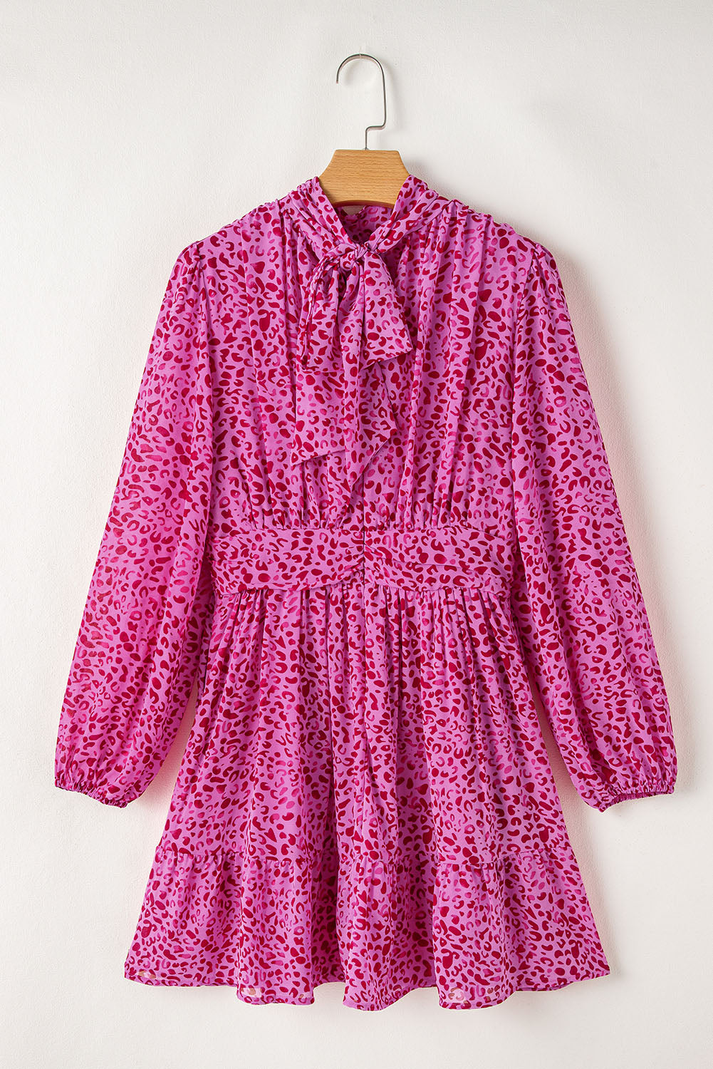 Leopard Puff Sleeve Knotted High Neck Ruffle Dress | Rose