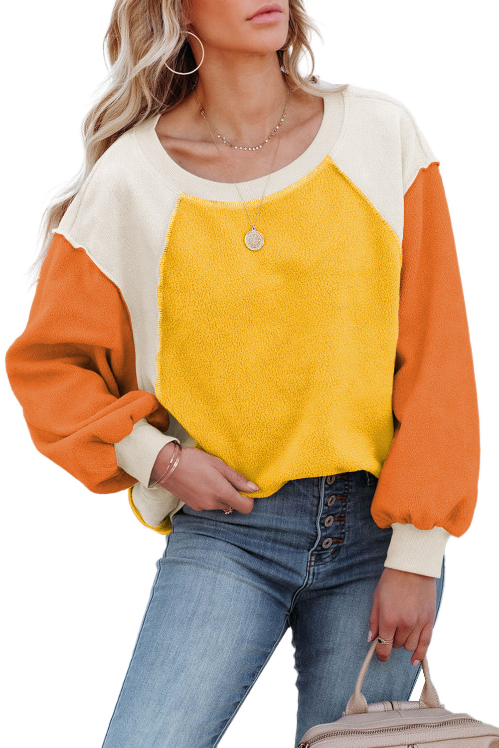 Colourblock Long Sleeve Pullover Fleece Sweatshirt | Orange