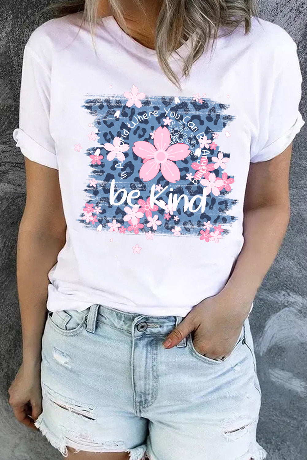 Be Kind Cherry Blossoms Leopard Graphic T Shirt | White