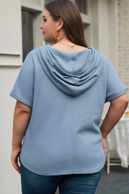 Plus Size Waffle Knit Short Sleeve Drawstring Hoodie | Ashleigh Blue