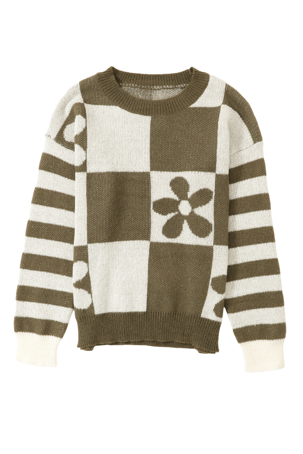 Green Checkered Floral Print Striped Sleeve Sweater | Mist Green