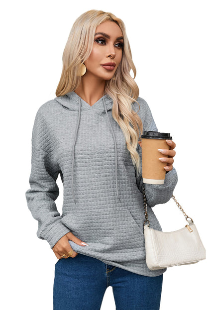 Quilted Kangaroo Pocket Drawstring Hoodie | Gray