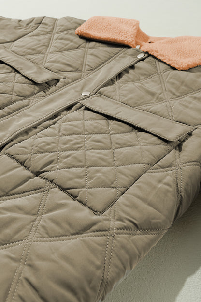 Teddy Collar Flap Pockets Quilted Puffer Jacket | Jungle Green