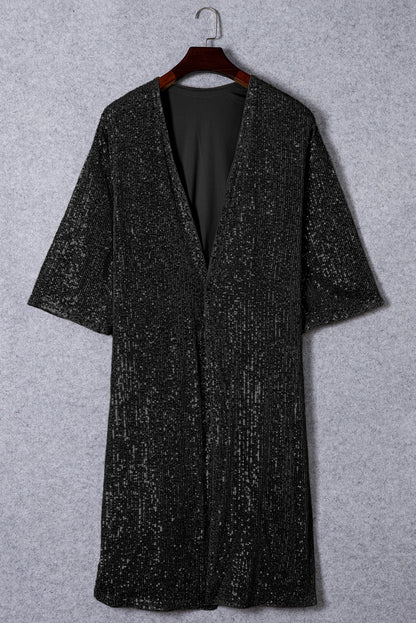 Sequin 3/4 Sleeve Open Front Duster Kimono | Black