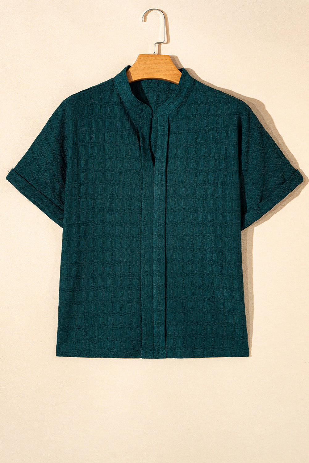 Solid Textured Split Neck Short Sleeve Blouse | Sea Green