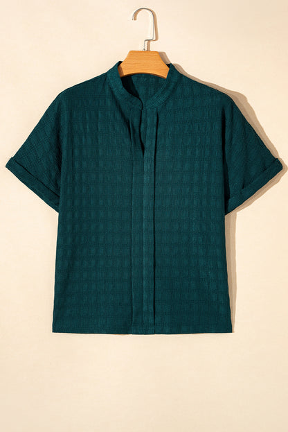 Solid Textured Split Neck Short Sleeve Blouse | Sea Green