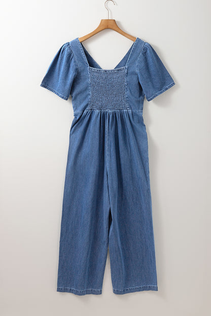 V Neck Short Sleeve Smocked Back Denim Loose Jumpsuit | Ashleigh Blue