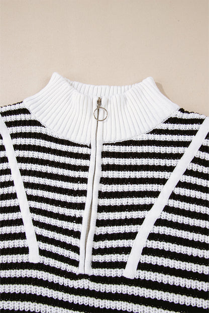 Zip Up Collar Drop Shoulder Sweater | Black Stripe