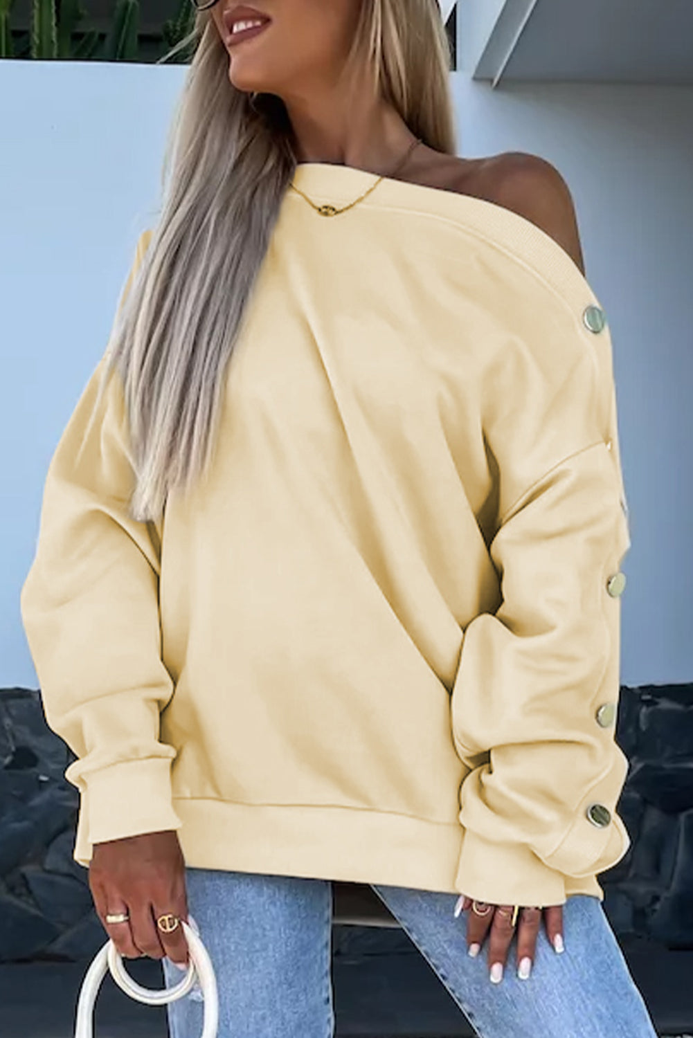 Buttoned Sleeve Dropped Shoulder Sweatshirt | Beige